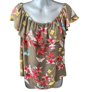 Maeve Anthropologie Green Floral Off-Shoulder Blouse M Ruffle Tunic
